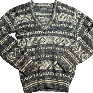 Vintage Murray’s Sweater Men’s Large Gray Black Cream‎ Knit V-Neck Aztec Pattern